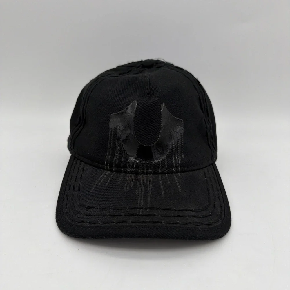 True Religion Hat Cap Mens One Size Black Horseshoe Drip Logo Leather Strapback